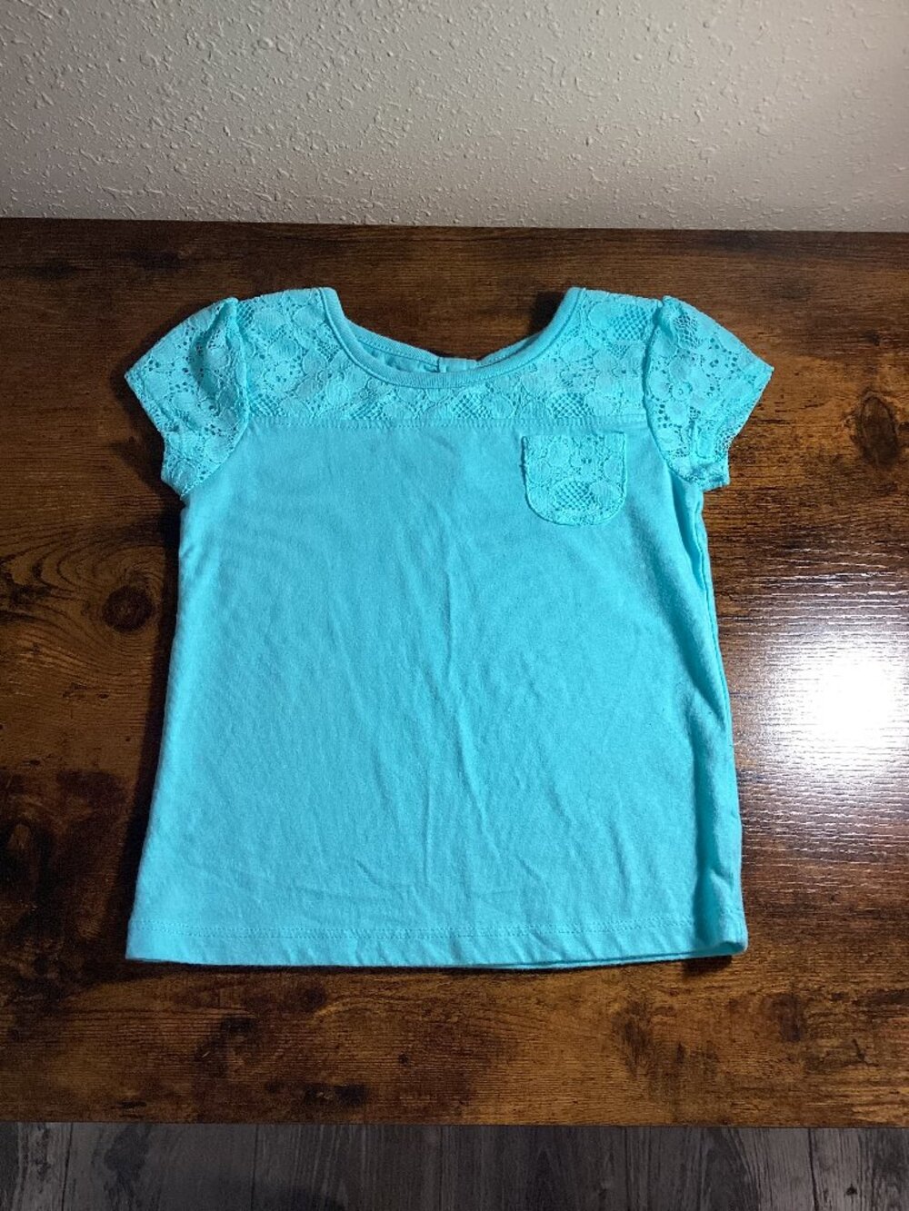 Girls Turquoise Lace Short Sleeve Pocket Top